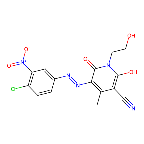(5E)-5-[(4-chloro-3-nitrophenyl)hydrazinylidene]-1-(2-hydroxyethyl)-4-methyl-2,6-dioxopyridine-3-carbonitrile structure