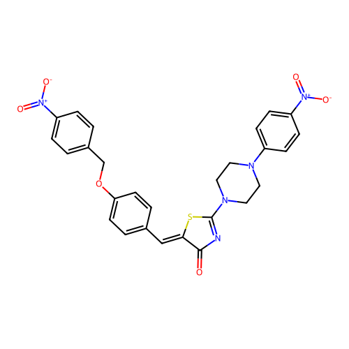 (5Z)-5-[[4-[(4-nitrophenyl)methoxy]phenyl]methylidene]-2-[4-(4-nitrophenyl)piperazin-1-yl]-1,3-thiazol-4-one structure