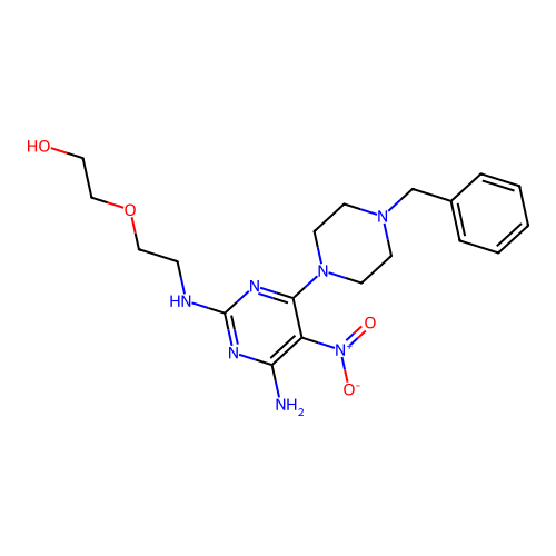 2-(2-((4-amino-6-(4-benzylpiperazin-1-yl)-5-nitropyrimidin-2-yl)amino)ethoxy)ethanol structure