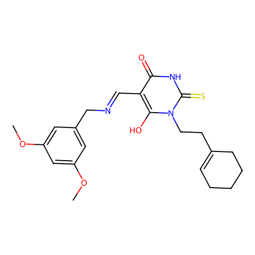 (5Z)-1-[2-(cyclohex-1-en-1-yl)ethyl]-5-{[(3,5-dimethoxybenzyl)amino]methylidene}-2-sulfanylpyrimidine-4,6(1H,5H)-dione structure