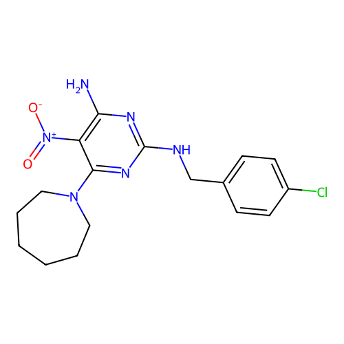6-(azepan-1-yl)-N~2~-(4-chlorobenzyl)-5-nitropyrimidine-2,4-diamine structure