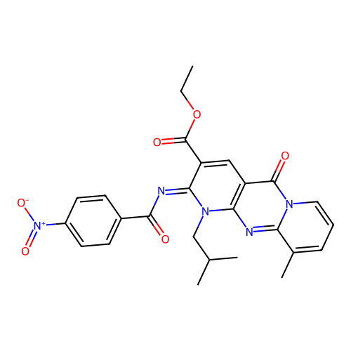 (Z)-ethyl 1-isobutyl-10-methyl-2-((4-nitrobenzoyl)imino)-5-oxo-2,5-dihydro-1H-dipyrido[1,2-a:2',3'-d]pyrimidine-3-carboxylate structure