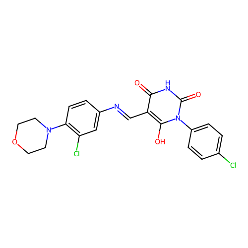 (5E)-5-({[3-chloro-4-(morpholin-4-yl)phenyl]amino}methylidene)-3-(4-chlorophenyl)-6-hydroxypyrimidine-2,4(3H,5H)-dione structure