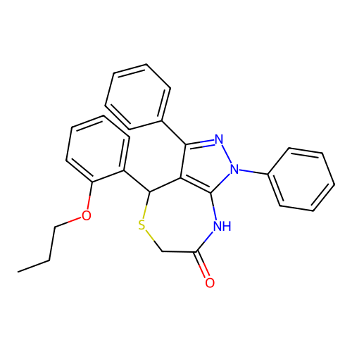 1,3-diphenyl-4-(2-propoxyphenyl)-2,4-dihydropyrazolo[3,4-e][1,4]thiazepin-7-one structure