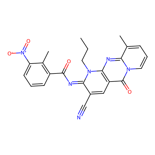 (E)-N-(3-cyano-10-methyl-5-oxo-1-propyl-1H-dipyrido[1,2-a:2',3'-d]pyrimidin-2(5H)-ylidene)-2-methyl-3-nitrobenzamide structure