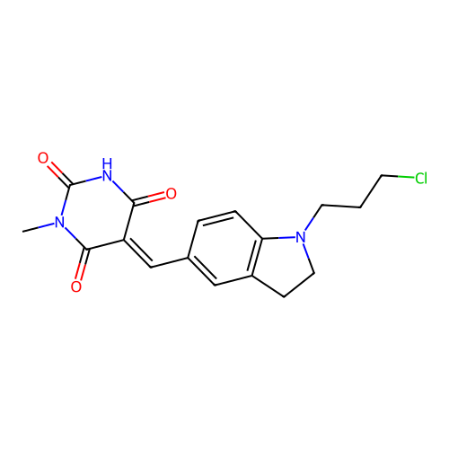 (5E)-5-[[1-(3-chloropropyl)-2,3-dihydroindol-5-yl]methylidene]-1-methyl-1,3-diazinane-2,4,6-trione structure