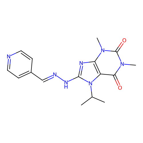(E)-7-isopropyl-1,3-dimethyl-8-(2-(pyridin-4-ylmethylene)hydrazinyl)-1H-purine-2,6(3H,7H)-dione structure