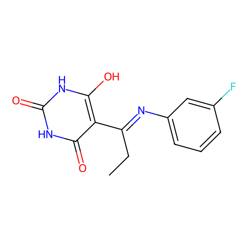 (5E)-5-{1-[(3-fluorophenyl)amino]propylidene}-2,6-dihydroxypyrimidin-4(5H)-one structure
