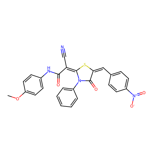 (2E)-2-cyano-N-(4-methoxyphenyl)-2-[(5E)-5-[(4-nitrophenyl)methylidene]-4-oxo-3-phenyl-1,3-thiazolidin-2-ylidene]acetamide structure