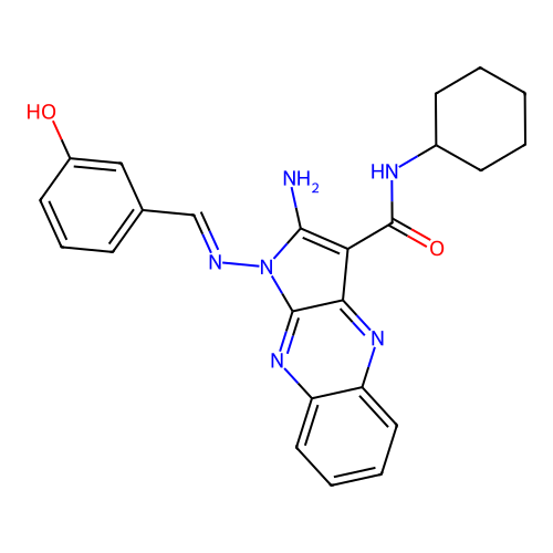 2-amino-N-cyclohexyl-1-{[(E)-(3-hydroxyphenyl)methylidene]amino}-1H-pyrrolo[2,3-b]quinoxaline-3-carboxamide structure