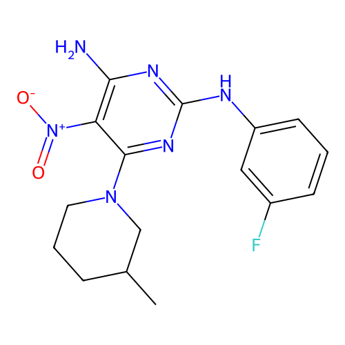 2-N-(3-fluorophenyl)-6-(3-methylpiperidin-1-yl)-5-nitropyrimidine-2,4-diamine structure