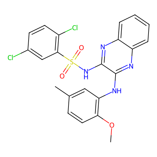 2,5-dichloro-N-(3-((2-methoxy-5-methylphenyl)amino)quinoxalin-2-yl)benzenesulfonamide structure