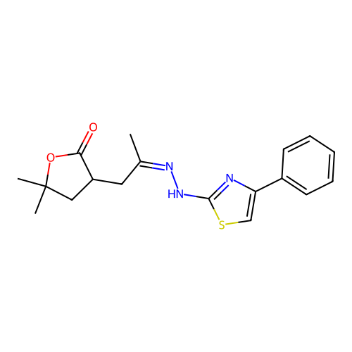 (Z)-5,5-dimethyl-3-(2-(2-(4-phenylthiazol-2-yl)hydrazono)propyl)dihydrofuran-2(3H)-one structure