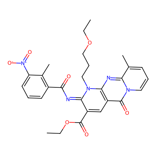 (Z)-ethyl 1-(3-ethoxypropyl)-10-methyl-2-((2-methyl-3-nitrobenzoyl)imino)-5-oxo-2,5-dihydro-1H-dipyrido[1,2-a:2',3'-d]pyrimidine-3-carboxylate structure