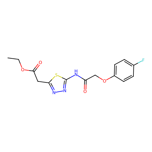 ethyl 2-(5-(2-(4-fluorophenoxy)acetamido)-1,3,4-thiadiazol-2-yl)acetate structure