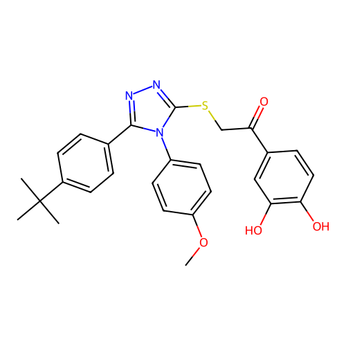 1-(3,4-dihydroxyphenyl)-2-{5-[4-(tert-butyl)phenyl]-4-(4-methoxyphenyl)(1,2,4- triazol-3-ylthio)}ethan-1-one structure