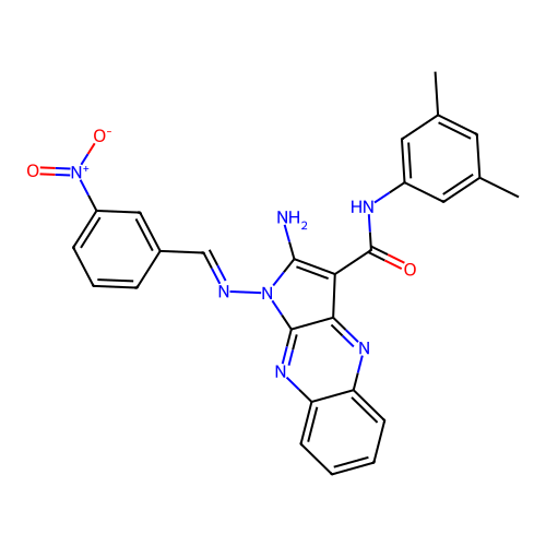 (E)-2-amino-N-(3,5-dimethylphenyl)-1-((3-nitrobenzylidene)amino)-1H-pyrrolo[2,3-b]quinoxaline-3-carboxamide structure