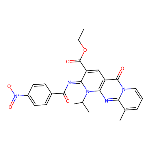 (Z)-ethyl 1-isopropyl-10-methyl-2-((4-nitrobenzoyl)imino)-5-oxo-2,5-dihydro-1H-dipyrido[1,2-a:2',3'-d]pyrimidine-3-carboxylate structure