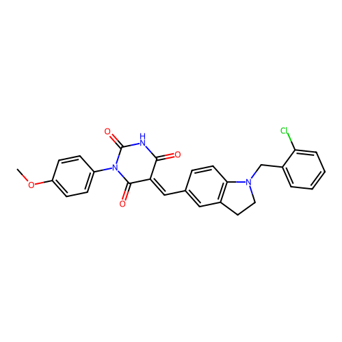 (5E)-5-[[1-[(2-chlorophenyl)methyl]-2,3-dihydroindol-5-yl]methylidene]-1-(4-methoxyphenyl)-1,3-diazinane-2,4,6-trione structure