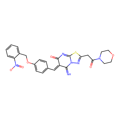 (6Z)-5-imino-2-(2-morpholin-4-yl-2-oxoethyl)-6-[[4-[(2-nitrophenyl)methoxy]phenyl]methylidene]-[1,3,4]thiadiazolo[3,2-a]pyrimidin-7-one structure