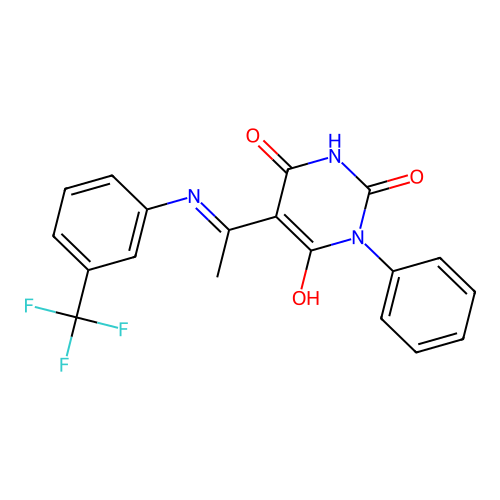 (5Z)-1-phenyl-5-[1-[3-(trifluoromethyl)anilino]ethylidene]-1,3-diazinane-2,4,6-trione structure