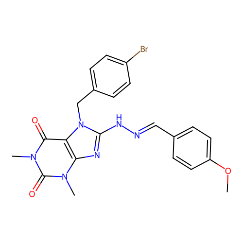 (E)-7-(4-bromobenzyl)-8-(2-(4-methoxybenzylidene)hydrazinyl)-1,3-dimethyl-1H-purine-2,6(3H,7H)-dione structure