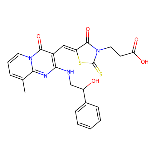 3-[(5Z)-5-({2-[(2-hydroxy-2-phenylethyl)amino]-9-methyl-4-oxo-4H-pyrido[1,2-a]pyrimidin-3-yl}methylidene)-4-oxo-2-thioxo-1,3-thiazolidin-3-yl]propanoic acid structure