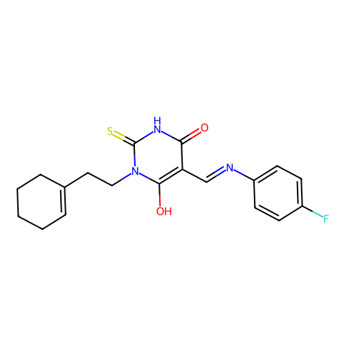 (5Z)-1-[2-(cyclohex-1-en-1-yl)ethyl]-5-{[(4-fluorophenyl)amino]methylidene}-2-sulfanylpyrimidine-4,6(1H,5H)-dione structure