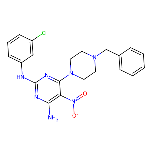 6-(4-benzylpiperazin-1-yl)-2-N-(3-chlorophenyl)-5-nitropyrimidine-2,4-diamine structure