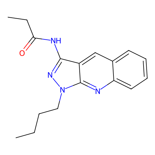 N-[(3Z)-1-butyl-1,2-dihydro-3H-pyrazolo[3,4-b]quinolin-3-ylidene]propanamide structure