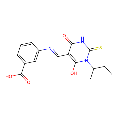 3-[(1-butan-2-yl-4,6-dioxo-2-sulfanylidene-1,3-diazinan-5-ylidene)methylamino]benzoic Acid structure