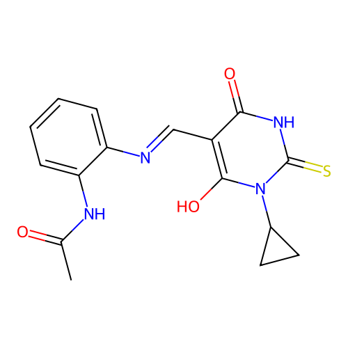 (E)-N-(2-(((1-cyclopropyl-4,6-dioxo-2-thioxotetrahydropyrimidin-5(2H)-ylidene)methyl)amino)phenyl)acetamide structure