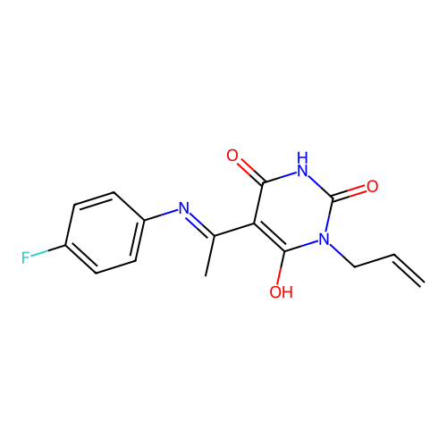 (Z)-1-allyl-5-(1-((4-fluorophenyl)amino)ethylidene)pyrimidine-2,4,6(1H,3H,5H)-trione structure