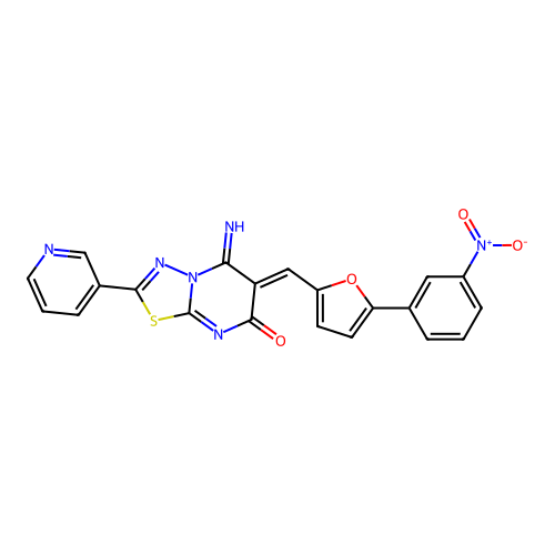 (6Z)-5-imino-6-[[5-(3-nitrophenyl)furan-2-yl]methylidene]-2-pyridin-3-yl-[1,3,4]thiadiazolo[3,2-a]pyrimidin-7-one structure