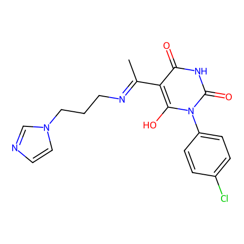 1-(4-chlorophenyl)-5-[1-(3-imidazol-1-ylpropylamino)ethylidene]-1,3-diazinane-2,4,6-trione structure