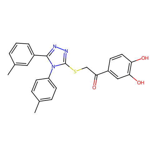1-(3,4-dihydroxyphenyl)-2-((5-(m-tolyl)-4-(p-tolyl)-4H-1,2,4-triazol-3-yl)thio)ethanone structure