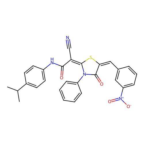 (2E)-2-cyano-2-[(5E)-5-[(3-nitrophenyl)methylidene]-4-oxo-3-phenyl-1,3-thiazolidin-2-ylidene]-N-(4-propan-2-ylphenyl)acetamide structure