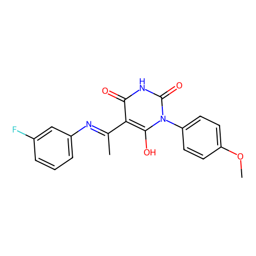 (5E)-5-[1-(3-fluoroanilino)ethylidene]-1-(4-methoxyphenyl)-1,3-diazinane-2,4,6-trione structure