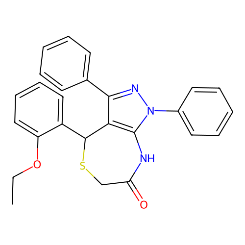 2-(2-ethoxyphenyl)-8,10-diphenyl-3-thia-6,8,9-triazabicyclo[5.3.0]deca-6,10-dien-5-one structure