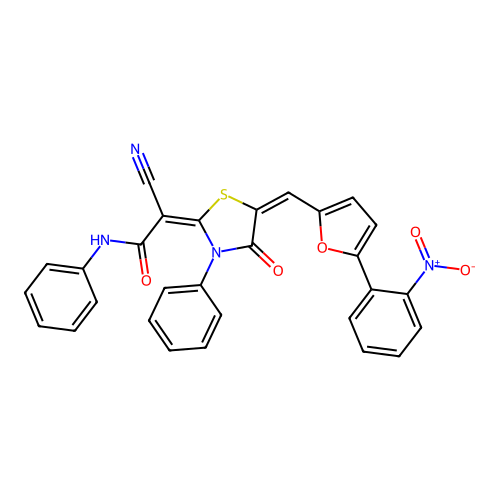 (E)-2-cyano-2-((E)-5-((5-(2-nitrophenyl)furan-2-yl)methylene)-4-oxo-3-phenylthiazolidin-2-ylidene)-N-phenylacetamide structure