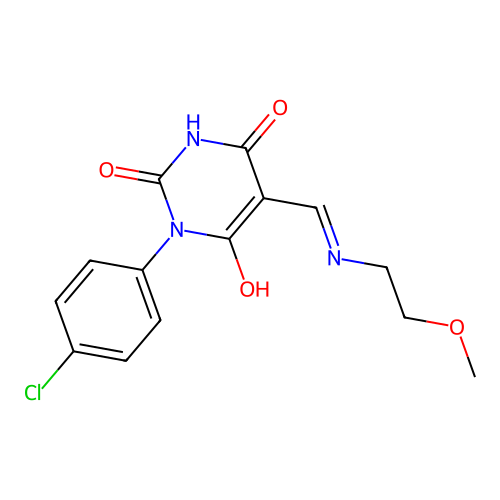 1-(4-chlorophenyl)-5-[(2-methoxyethylamino)methylidene]-1,3-diazinane-2,4,6-trione structure