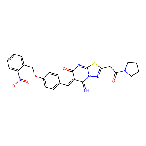 (6Z)-5-imino-6-[[4-[(2-nitrophenyl)methoxy]phenyl]methylidene]-2-(2-oxo-2-pyrrolidin-1-ylethyl)-[1,3,4]thiadiazolo[3,2-a]pyrimidin-7-one structure