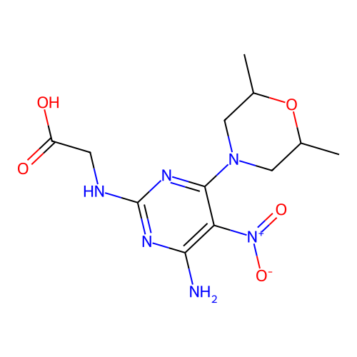 N-[4-amino-6-(2,6-dimethylmorpholin-4-yl)-5-nitropyrimidin-2-yl]glycine structure
