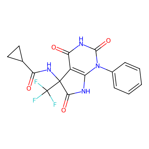 N-(2,4,6-trioxo-1-phenyl-5-(trifluoromethyl)-2,3,4,5,6,7-hexahydro-1H-pyrrolo[2,3-d]pyrimidin-5-yl)cyclopropanecarboxamide structure