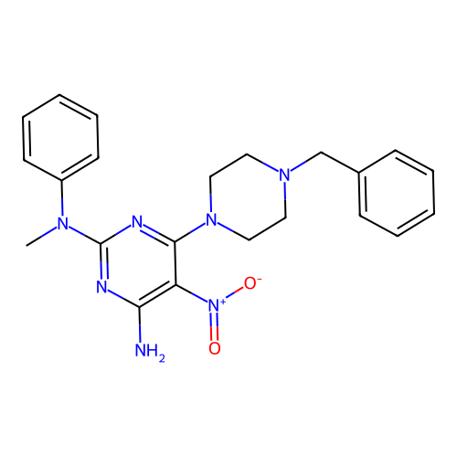 6-(4-benzylpiperazin-1-yl)-N~2~-methyl-5-nitro-N~2~-phenylpyrimidine-2,4-diamine structure