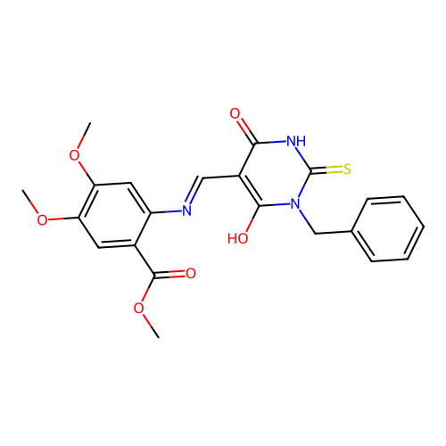 (E)-methyl 2-(((1-benzyl-4,6-dioxo-2-thioxotetrahydropyrimidin-5(2H)-ylidene)methyl)amino)-4,5-dimethoxybenzoate structure