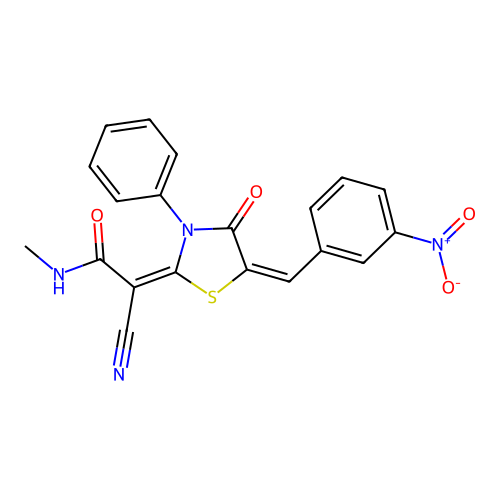 (2E)-2-cyano-N-methyl-2-[(5E)-5-[(3-nitrophenyl)methylidene]-4-oxo-3-phenyl-1,3-thiazolidin-2-ylidene]acetamide structure
