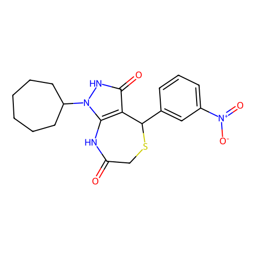 1-cycloheptyl-4-(3-nitrophenyl)-4,6-dihydro-1H-pyrazolo[3,4-e][1,4]thiazepine-3,7-diol structure