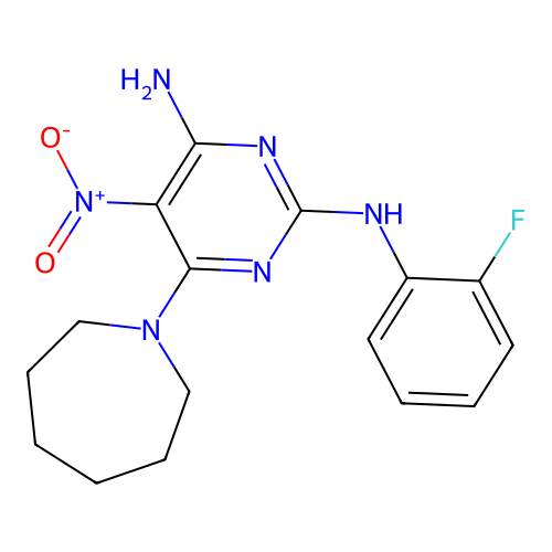 6-(azepan-1-yl)-N-(2-fluorophenyl)-5-nitro-pyrimidine-2,4-diamine structure