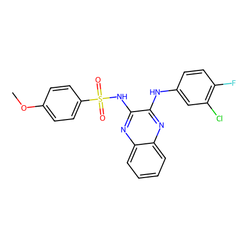 N-(3-((3-chloro-4-fluorophenyl)amino)quinoxalin-2-yl)-4-methoxybenzenesulfonamide structure